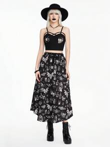 ROMWE Goth 哥特骷髅印花女士交叉设计露脐上衣和半裙两件套 - 黑色 - 查看 1