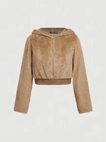 SHEIN MOD Plus Size Retro Fluffy Zip-Up Hooded Short Jacket, Autumn Winter - Brown - View 1
