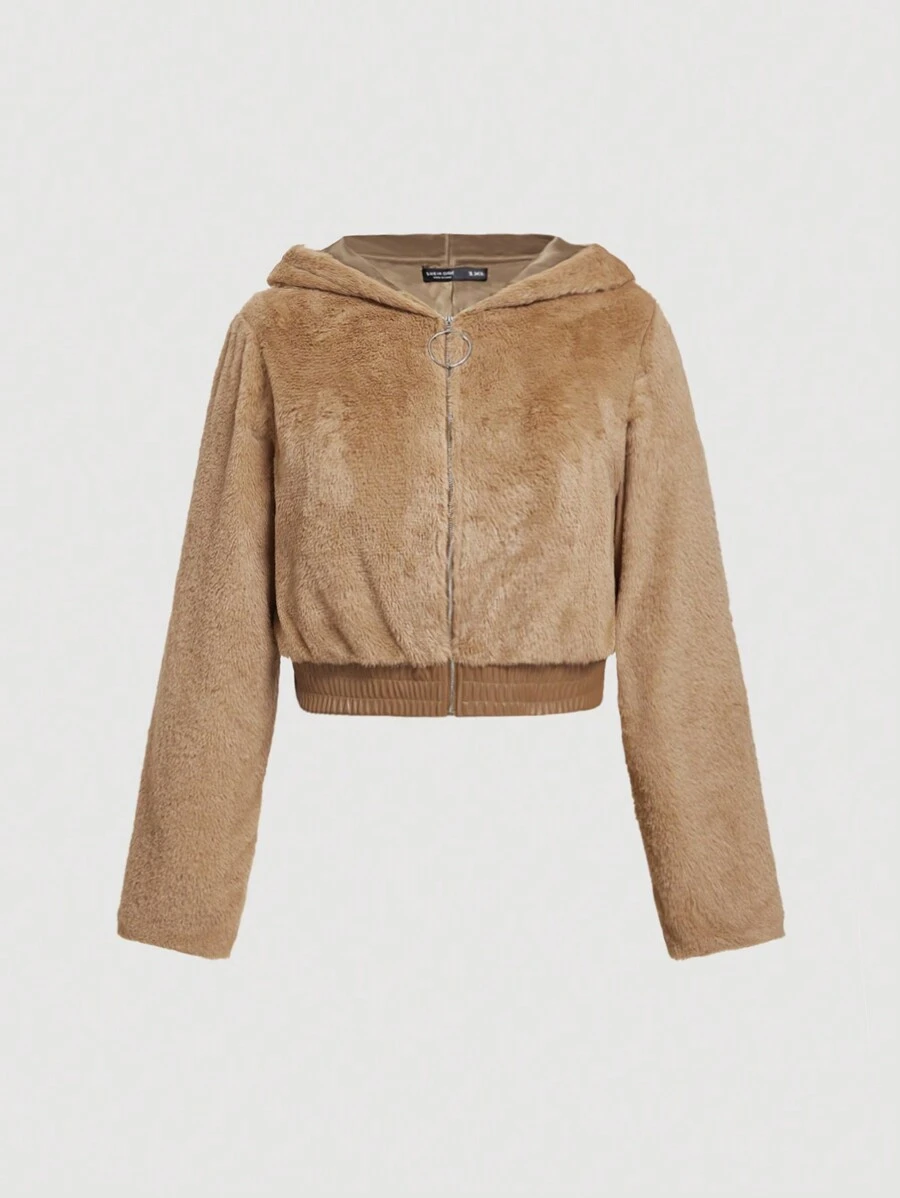 SHEIN MOD Plus Size Retro Fluffy Zip-Up Hooded Short Jacket, Autumn Winter - Brown - View 1