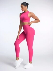 SHEIN Yoga Basic 2 piezas Conjunto de ropa deportiva y yoga sin costuras para mujer - Rosa Fucsia - Ver 6