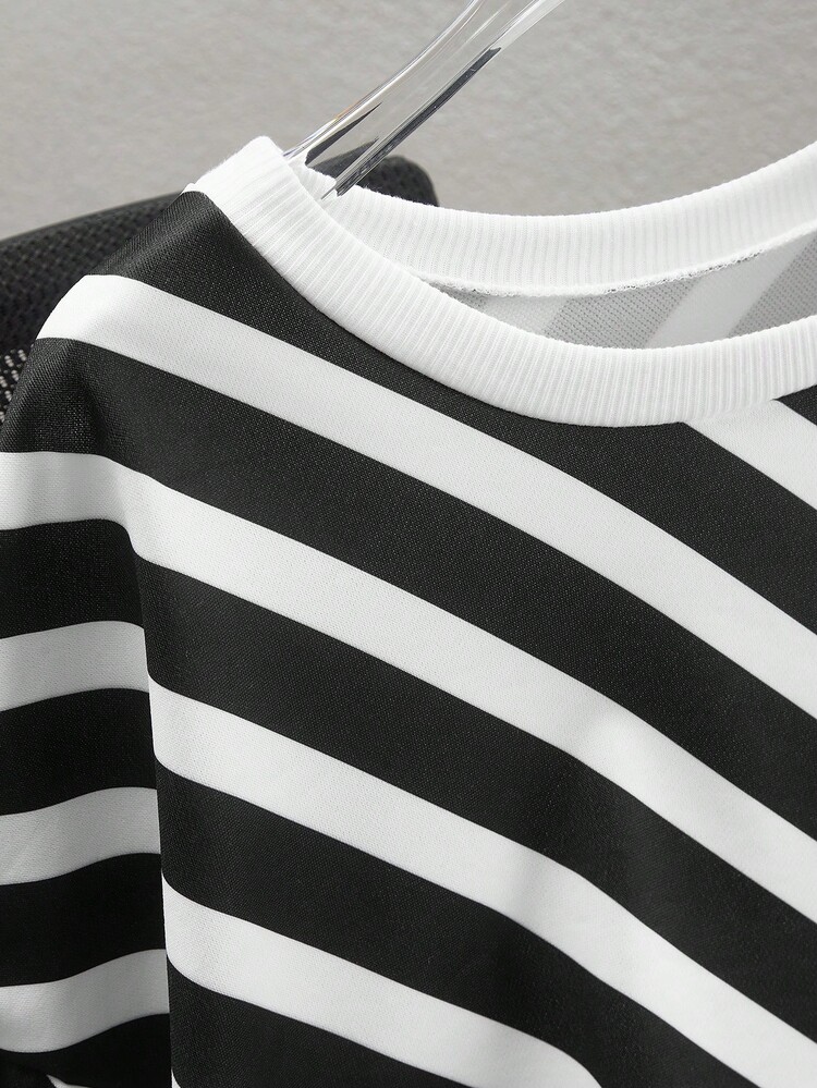 SHEIN EZwear 大码圆领长袖拼色条纹运动衫，日常休闲 - 黑與白 - 查看 3