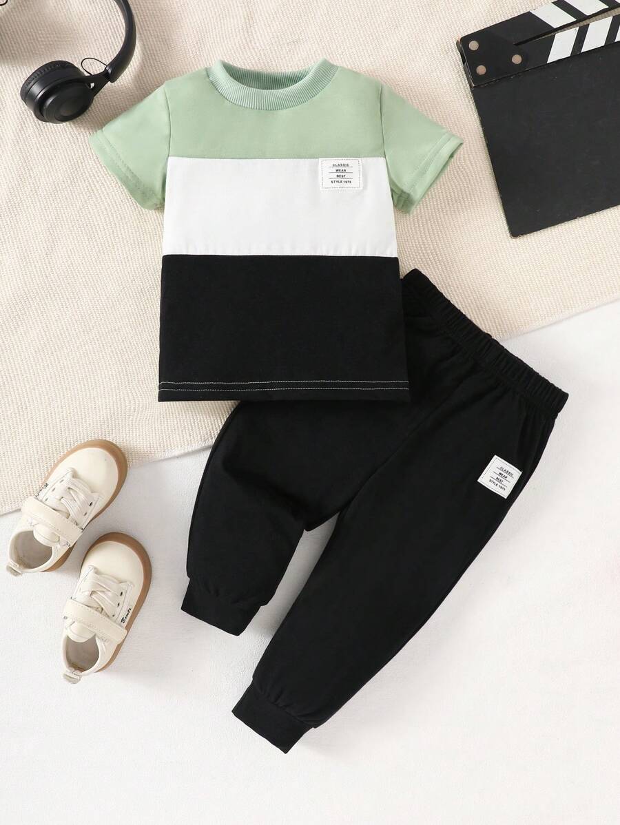 2 件套男婴秋季拼色休闲百搭短袖 T 恤和长裤套装 - 薄荷綠 - 查看 1