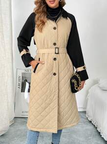 SHEIN Clasi Women's Solid Color Patchwork Front Button Long Sleeve Casual Padded Coat - Khaki - View 4