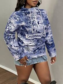 Slaydiva Women's Letter & Floral Print Long Sleeve Drawstring Hooded Casual Loose Sweatshirt