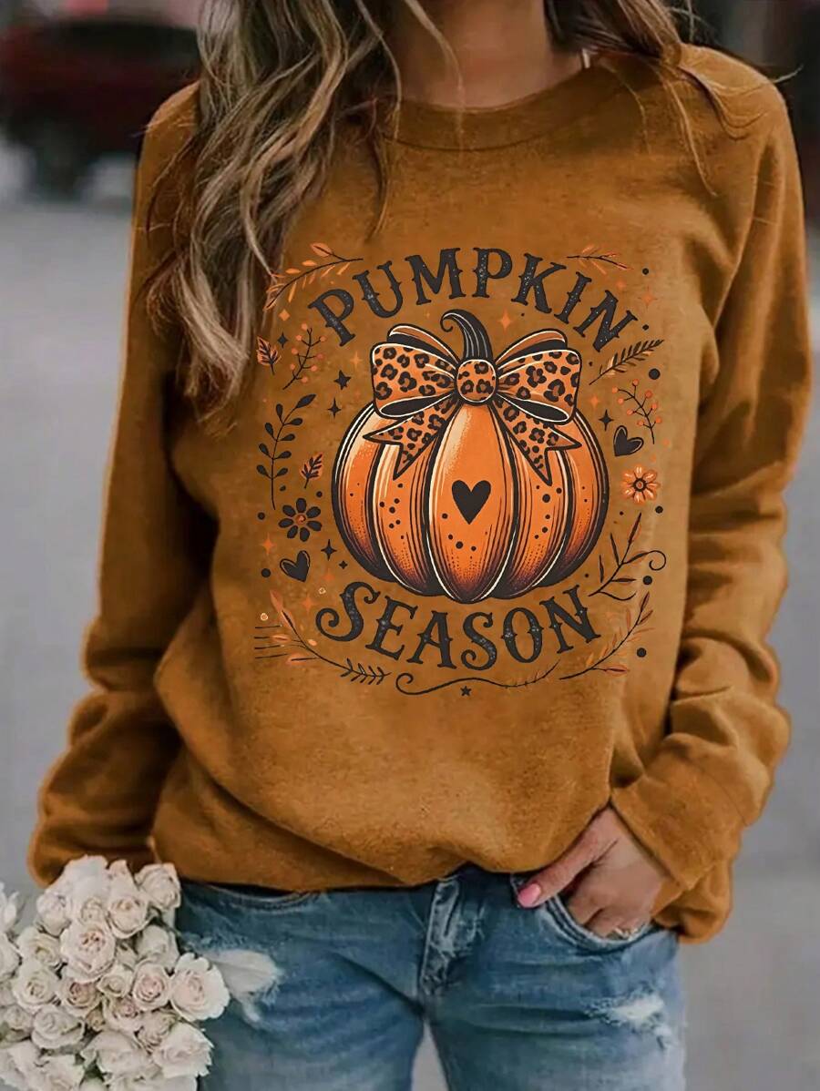 SHEIN LUNE 大码女式南瓜和字母印花圆领运动衫、感恩节上衣、秋季服装 - 摩卡棕 - 查看 1