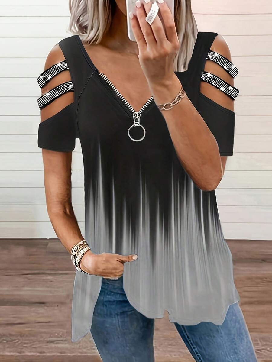 INAWLY Women's Color Block Off Shoulder Short Sleeve Zipper Placket Casual T-Shirt, Summer - Grey - View 1