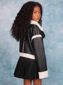 SHEIN Tween Girl 纯色领短款保暖衬里长袖夹克 - 黑與白 - 查看 2