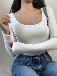 SHEIN BASICS Women's Casual Solid Color Knit Scoop Neck Long Sleeve Slim Fit T-Shirt, Upgraded Thermal Fabric, Thermal Lined Without Bulkiness, Slim Fitted Stretch Undershirt Tee Blouse For Fall And Winter