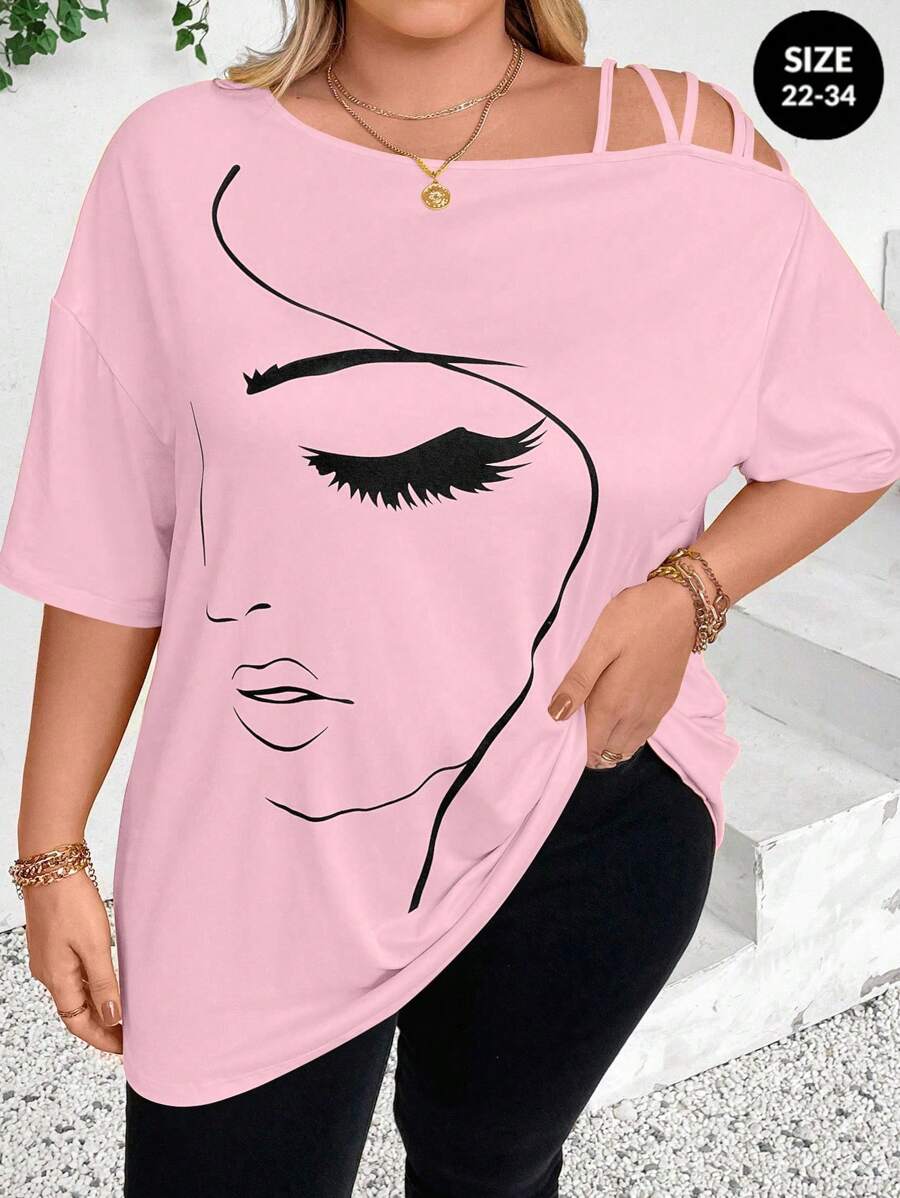 SHEIN CURVE+ 大码女式抽象脸印花不对称领落肩休闲T恤图案T恤女式上衣 - 粉色 - 查看 1