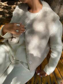 DAZY 女士休闲无袖仿羊羔绒背心外套，秋季女装外套 - 米色 - 查看 7