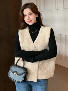 DAZY 女士纯色前扣无袖简约休闲夹克 - 米色 - 查看 2