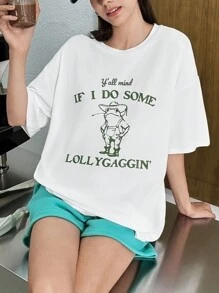INAWLY 女士夏季卡通动物印花口号圆领短袖休闲 T 恤 Y'all Mind IF I DO SOME LOLLYGAGGIN' 图案 T 恤女式上衣 - 白色 - 查看 3