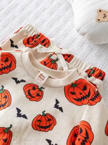Cozy Pixies 2 pezzi Set di felpa con cappuccio e pantaloni in maglia morbida con stampa di pipistrelli e zucche di Ognissanti per bambini maschi