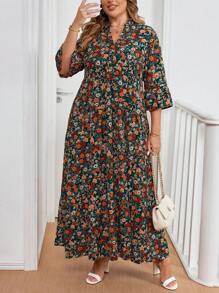 SHEIN Clasi Đầm tay loe cổ chữ V họa tiết hoa cỡ lớn cho nữ - Nhiều màu - Xem 7
