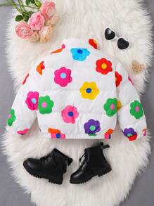 SHEIN Young Girls' Cute Colorful Floral/Flower Pattern Holographic Zip Up Thermal Padded Coat,Great For Casual & Daily Wear & School Daily In Summer & Autumn - Multicolor - View 5