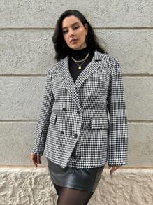 SHEIN Privé Plus Size Women Houndstooth Blazer Lapel Formal Suit - Multicolor - View 10