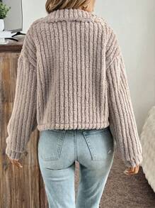 SHEIN LUNE 女士休闲优雅保暖抓绒翻领纽扣外套，适合秋冬季节机场旅行 - 摩卡棕 - 查看 2