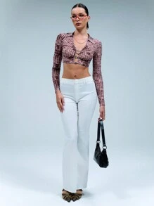 SHEIN Unity Abstract Dot Printed Mesh Front Cut Out Metal Trim Long Sleeve Shirt - Multicolor - View 1