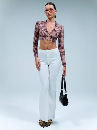 TypaGal Abstract Dot Printed Mesh Front Cut Out Metal Trim Long Sleeve Shirt