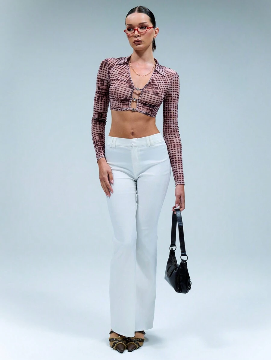 SHEIN Unity Abstract Dot Printed Mesh Front Cut Out Metal Trim Long Sleeve Shirt - Multicolor - View 1