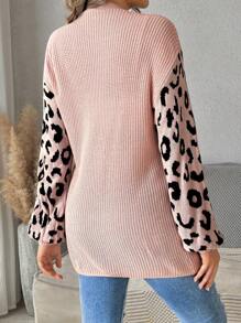 SHEIN Maternity Casual Leopard Patchwork Sweater, Autumn, For Winter - Dusty Pink - View 2