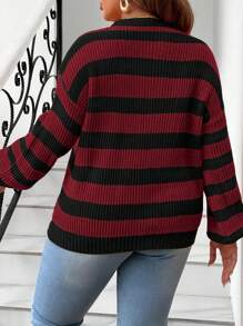 Nubod Suéter casual de cuello redondo, hombros caídos y manga larga con diseño de rayas para mujer de talla grande, para otoño/invierno - Burdeos - Ver 2