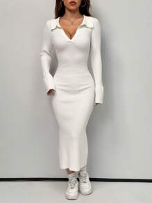 SHEIN EZwear 秋冬款 Polo 领长袖超长毛衣裙 - 白色 - 查看 5