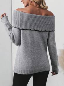 SHEIN LUNE Women's Black Off Shoulder Trim Knit Pullover Knit Pullover Fall Winter Outfit