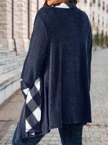 EMERY ROSE Plus Size Women's Plaid Patchwork Open Front Long Casual Jacket, Spring Autumn - Navy Blue - View 3