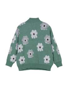 Plus Size Casual Zipper Printed Pullover Sweater For Women - Green - View 2