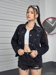 SHEIN Explorewe Teen Girls' Heart Rhinestone Decorated Denim Long Sleeve Jacket Outerwear - Black - View 4