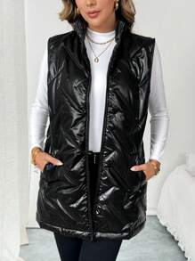 SHEIN Clasi 女式纯色拉链无袖口袋加垫背心夹克，秋冬款 - 黑色 - 查看 6