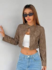 SHEIN PETITE Handsome Women's Jacket With Sfumato PU Fabric Zipper Decoration ,Petite Women - Brown - View 6