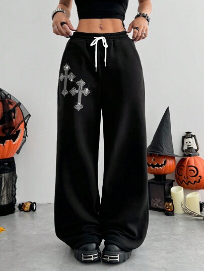 StreetHx Halloween Women's Y2K Style Drawstring Waist Wide Leg Loose Sweatpants With Rhinestone Decor Graduation,Back To School Outfits,Graduation,Teacher Outfits For Women,Back To School Fall Cloth For Women
