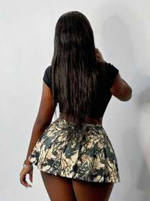 Slaydiva New Casual Street Low-Waist Mini Skirt Pleated Skirt All-Over Branch Print Women's Skirt