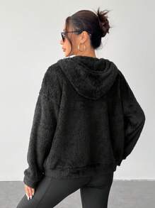 SHEIN PETITE معطف هودي تيدي بسحاب وخصر منسدل - الأسود - مشاهدة 2