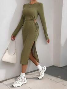 Chiquease Waist Hollow Drawstring Sexy Bodycon Textured Waffle Knit Long Sleeve Dress