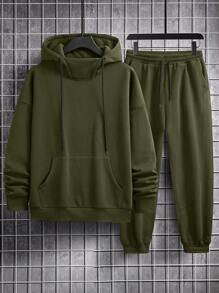 Manfinity Hypemode 2 piezas Conjunto casual de sudadera con capucha y pantalón de chándal de unicolor para hombre