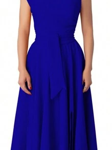 Women's Sleeveless Solid Color Side Pocket Split Hem Dress, Elegant Summer - Blue - View 7