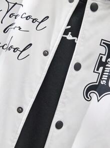 Tween Boy Contrast Color Pocket Letter Print Fleece Baseball Jacket, Suitable For Autumn, Spring And Winter, Suitable For Outdoor Play, Street Shooting, Party And Leisure, Good Cost Performance - Black and White - View 5