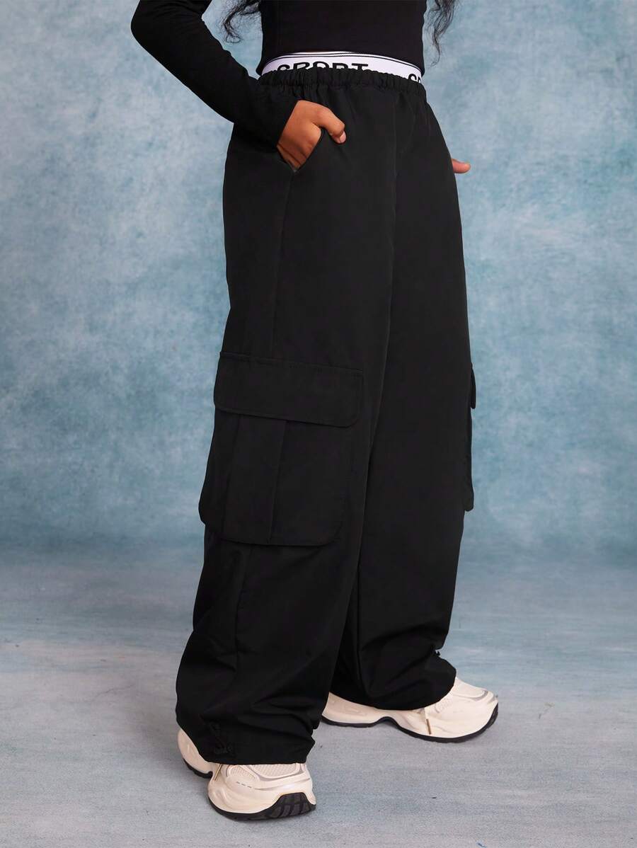 SHEIN Tween Girls' Loose Fit Drawstring Waist Cargo Pants - Black - View 1