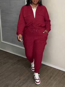 SHEIN Slayr 2pcs Plus Size Women Streetwear & Casual & Sports Solid Color Pullover Hoodie And Long Pants Set With Pockets, Autumn Winter - Burgundy - View 4