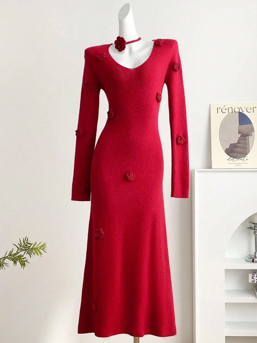 EastFlair 秋冬女士红色 3D 花卉点缀优雅派对圣诞毛衣连衣裙、节日装扮、圣诞礼物指南、派对季节装扮 - 紅色 - 查看 1