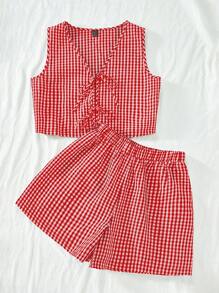 SHEIN VCAY 2pcs Women Casual Plaid Pattern Vest & High Waisted Loose Shorts Set - Red and White - View 5