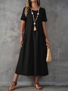 EMERY ROSE Women Solid Color Dual Pocket Casual Beach Dress - Black - View 5