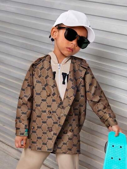 SHEIN 1件青少年男孩校園字母全印花翻領長袖大衣，適用於戶外學校、花園、沙灘、生日、嬰兒派對、秋冬季節