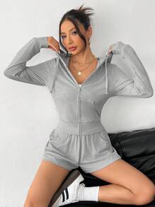 SHEIN PETITE 休闲街头风格灰色连帽短款上衣和紧身短裤两件套带前拉链 - Z - 灰色 - 查看 1