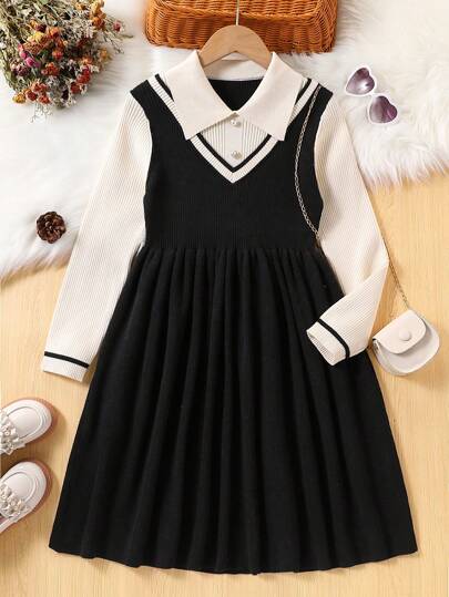 SHEIN Explorewe Tween Girls Fashion High Quality Knitted Long Sleeve Sweater Dress - Two Pieces Set In White Collared Blouse & Black Pleated V-Neck Skirt, Classic Black & White Color Scheme, Versatile Elegant Collegiate Style Suitable For Various Occasions Including Home, School, And Casual Outings