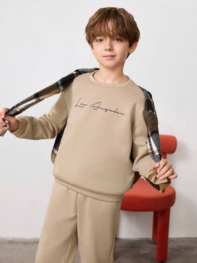 SHEIN Tween Boy Letter Graphic Thermal Pullover & Sweatpants - Beige - View 4