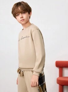 SHEIN 適合青少年男孩穿著的字母圖形保暖套衫和運動長褲 - 米色 - 查看 7